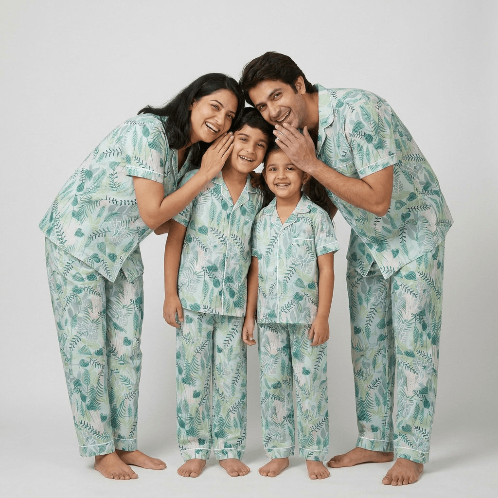 Mom, dad and the kids twinning in Tropical Garden half-sleeve night suit by Pajama Tribe