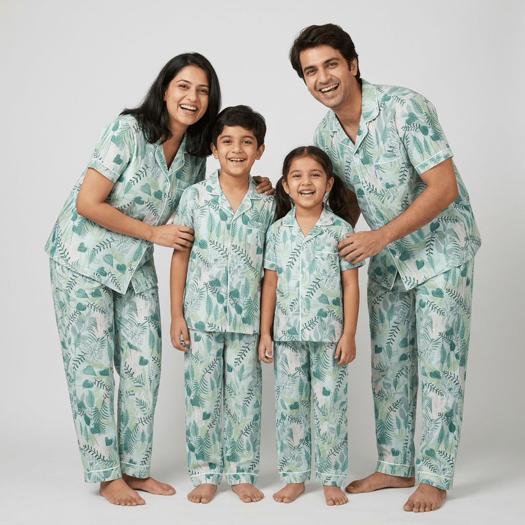 Tropical Garden matching half-sleeve night suit for mumma, papa and the little ones, styled together
