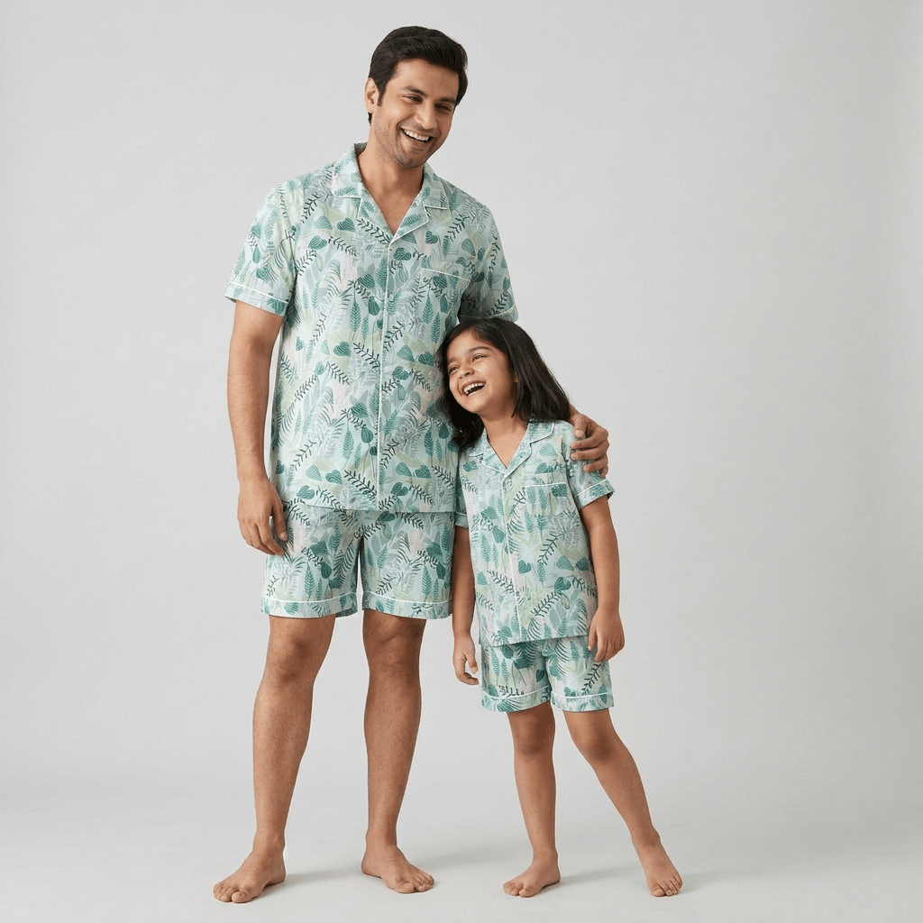 Matching Tropical Garden shorts set for dad and daughter