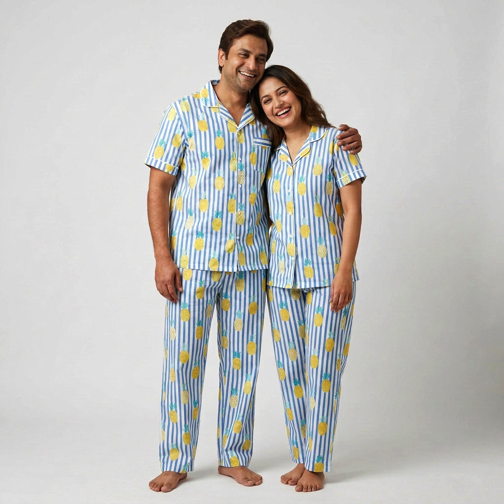 You and your partner twinning in Tropical Pineapple night suit by Pajama Tribe