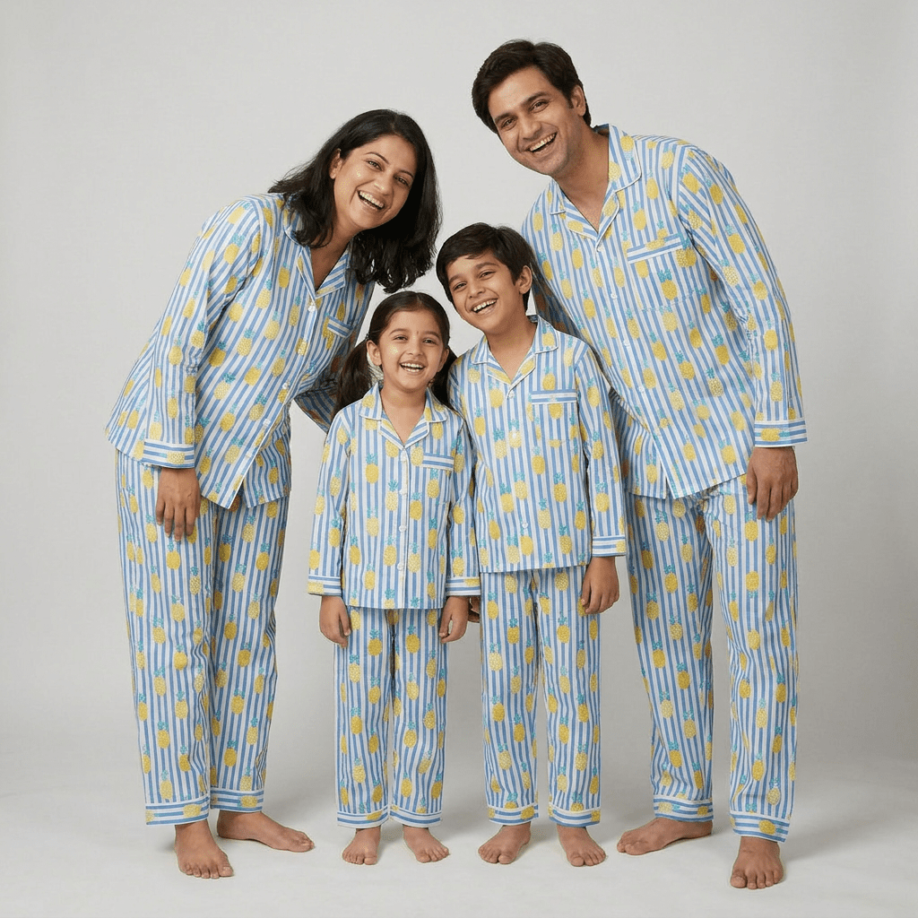 Parents and kids in matching Tropical Pineapple full-sleeve night suit