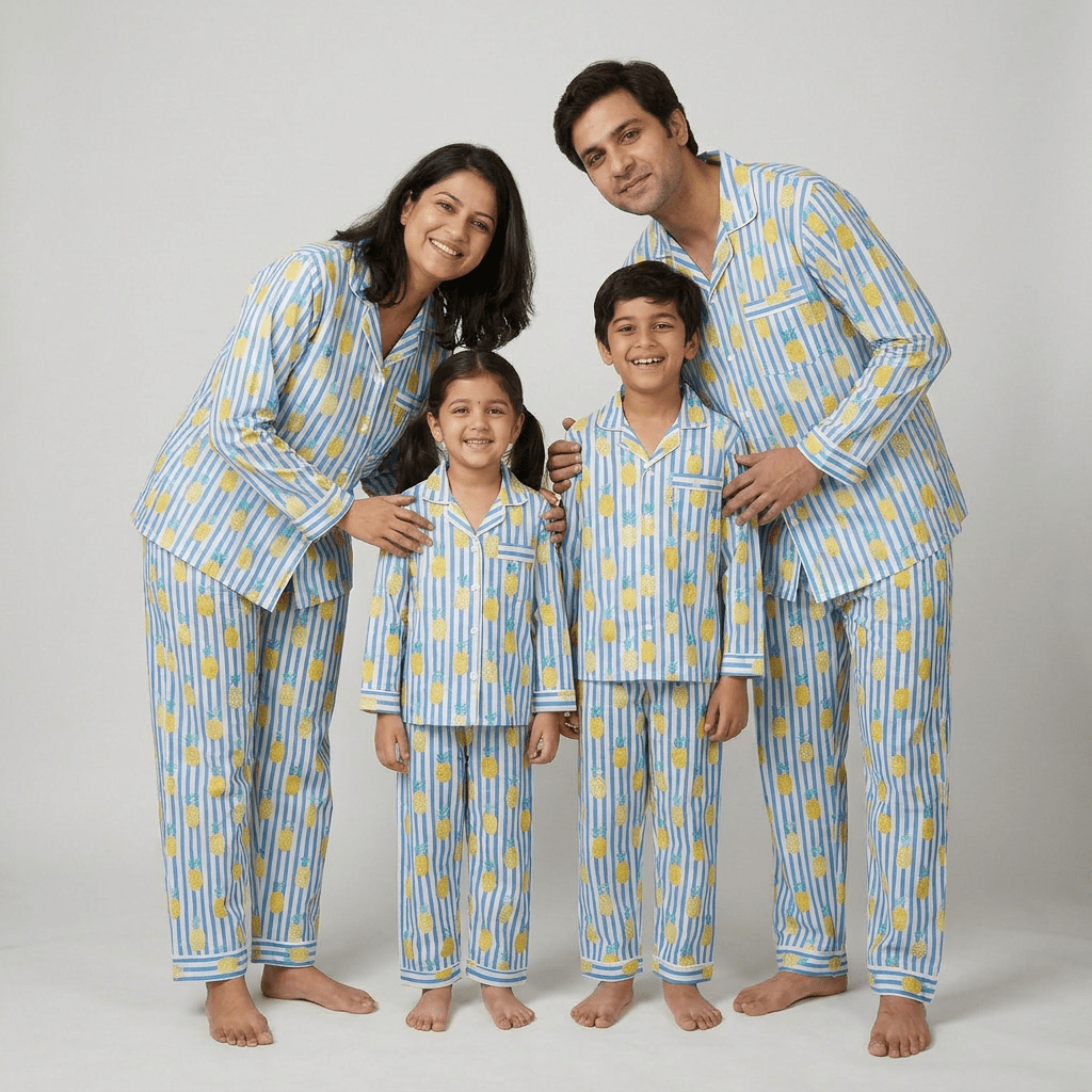 Tropical Pineapple family matching nightwear worn together