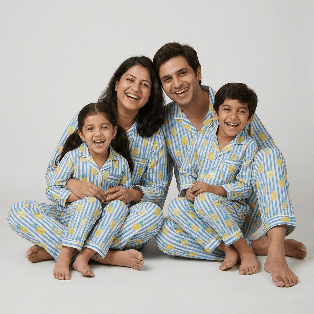 Matching Tropical Pineapple full-sleeve night suit for mumma, papa and the little ones