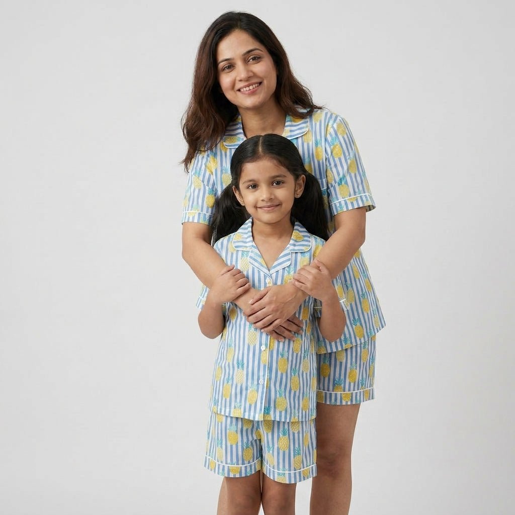Mumma and her girl in matching Tropical Pineapple shorts set