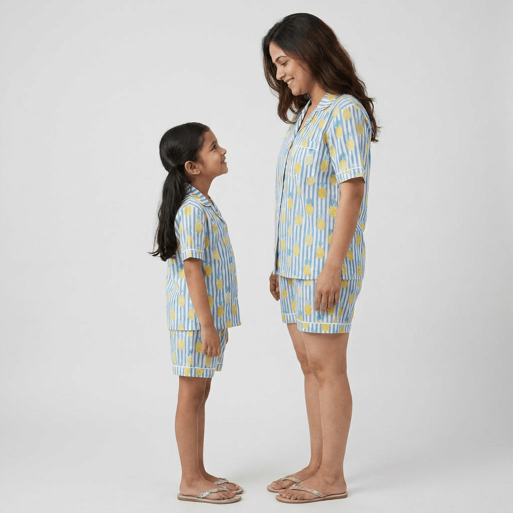 Tropical Pineapple mommy and me pajama set worn together