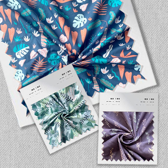 Fabric swatches with tropical patterns for night suit