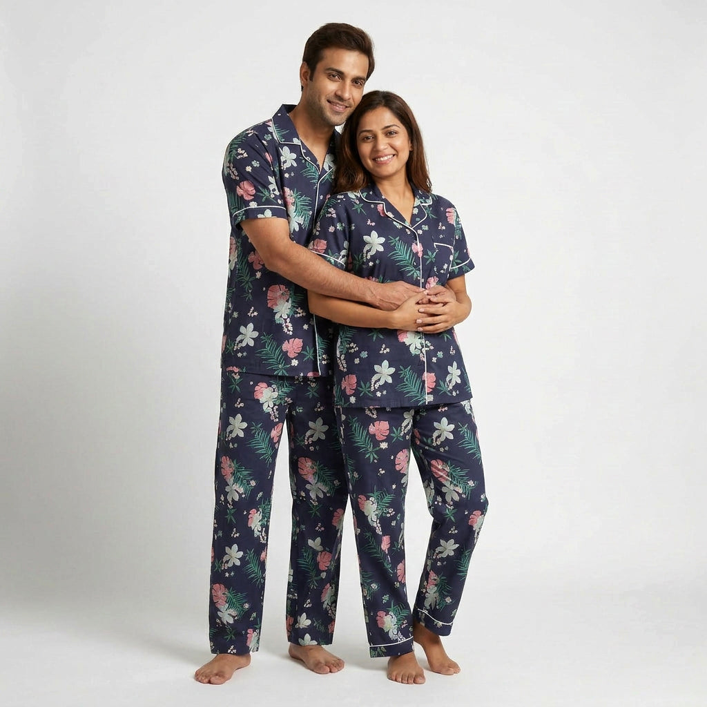 Him and her twinning in Tropical Scene night suit by Pajama Tribe