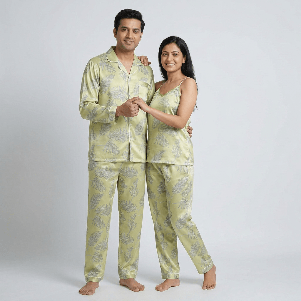 Matching Tropical Vibes satin full-sleeve night suit for you and your partner
