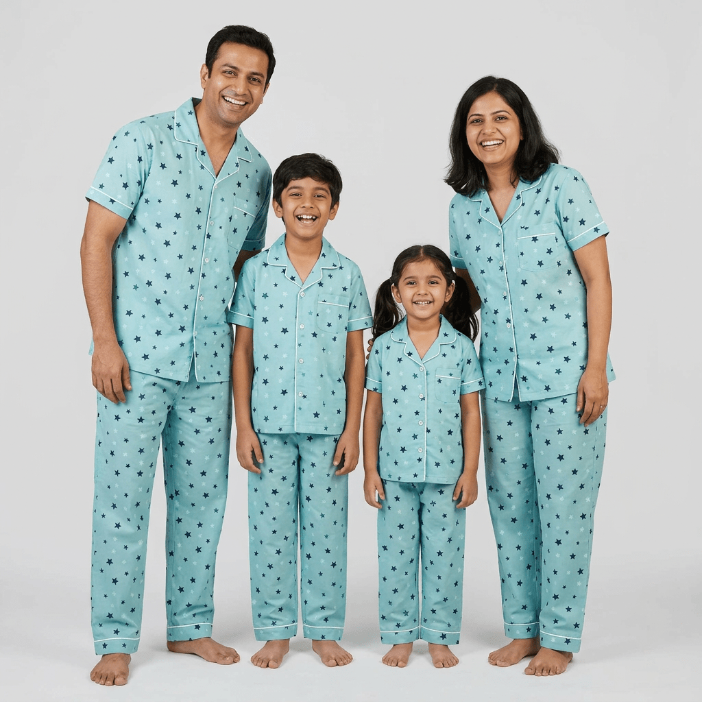 Matching Twinkling Stars half-sleeve night suit for parents and kids