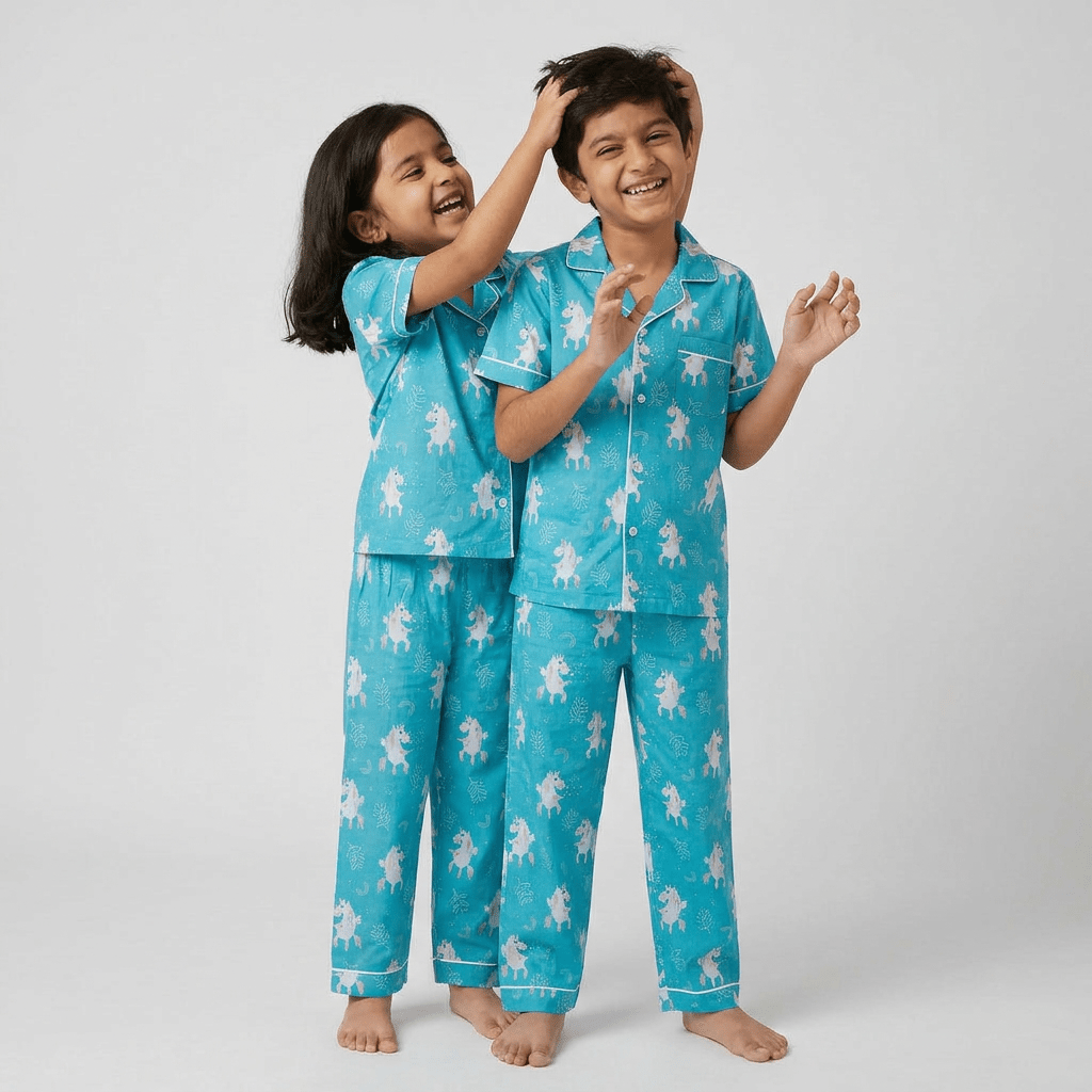 Matching Unicorn Blues half-sleeve night suit for big sib and little sib