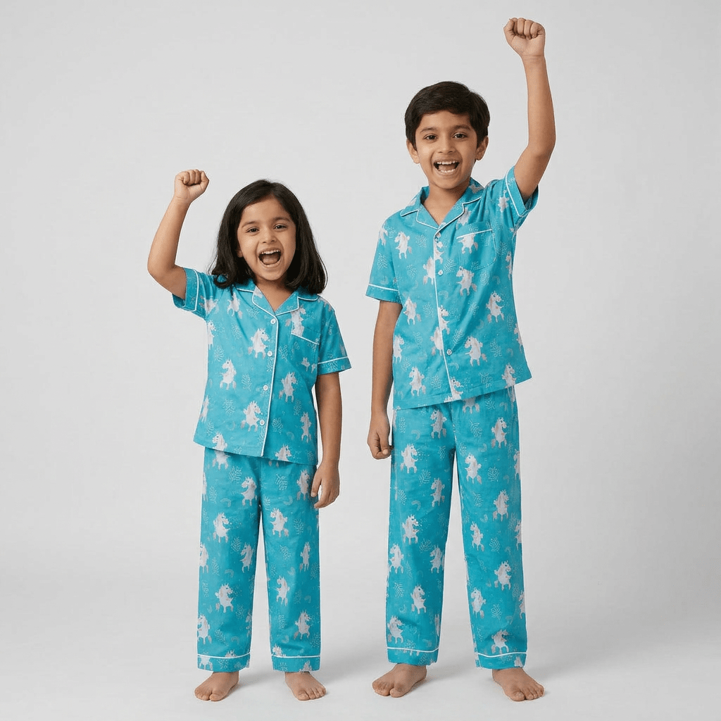Brother and sister twinning in Unicorn Blues half-sleeve night suit by Pajama Tribe