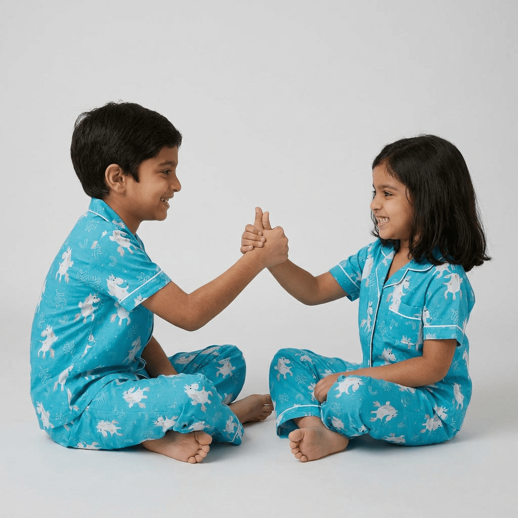 Unicorn Blues matching half-sleeve night suit for bro and sis, styled together