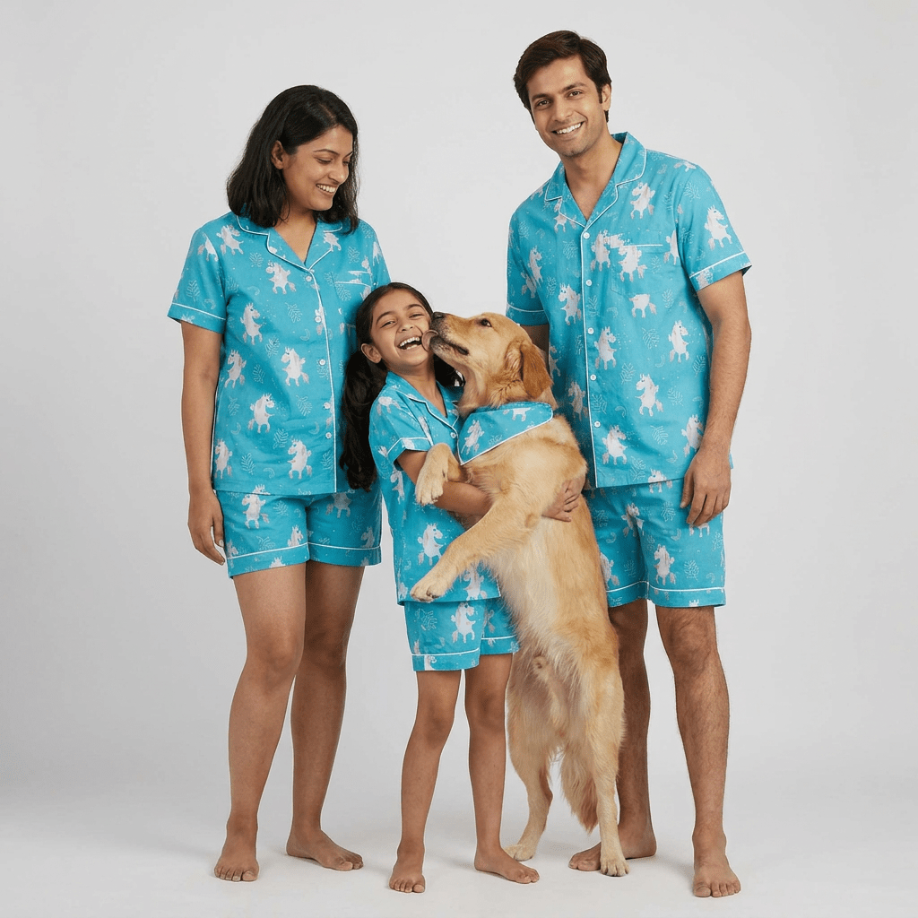 The whole family in matching Unicorn Blues shorts set