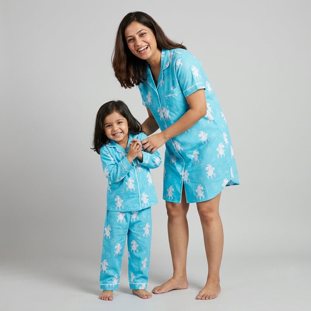 Matching Unicorn Blues full-sleeve night suit for mother and daughter