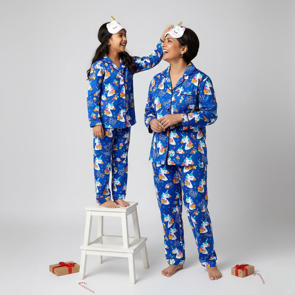 Mother and daughter in unicorn in blue matching pajama set, soft coordinated print.