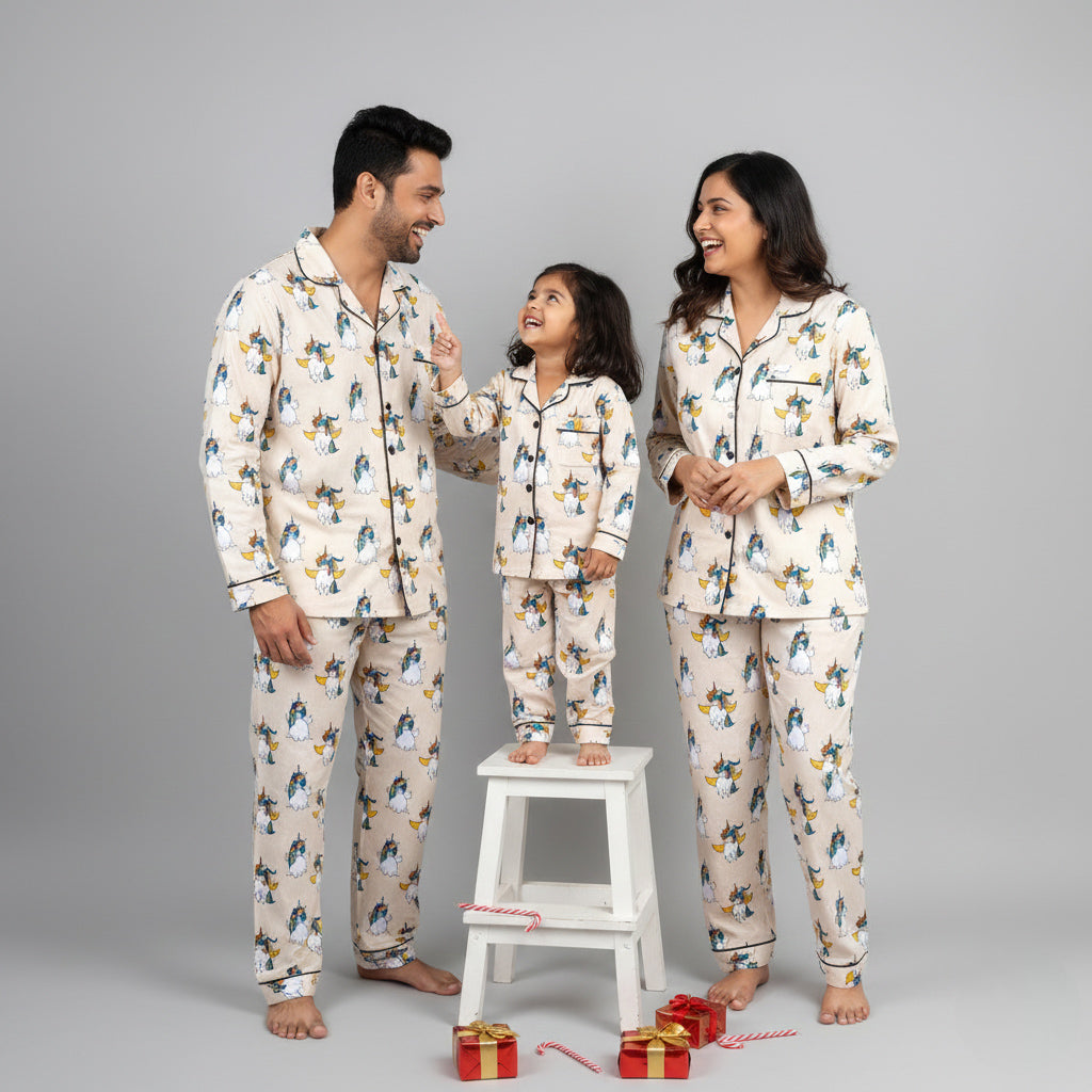 Family in unicorn pride matching pajama set, colourful coordinated nightwear.