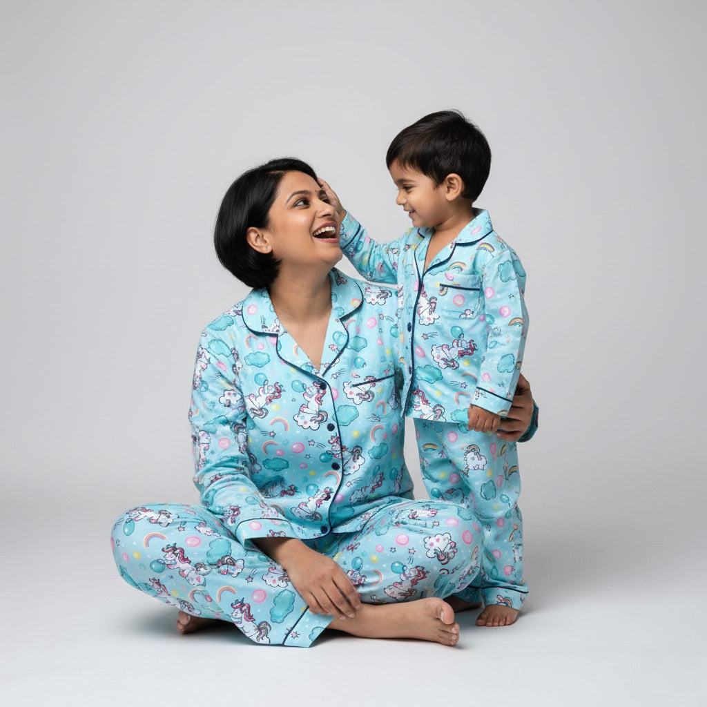 Mother and son in Unicorn Pride matching pajama set, colourful rainbow unicorn print.