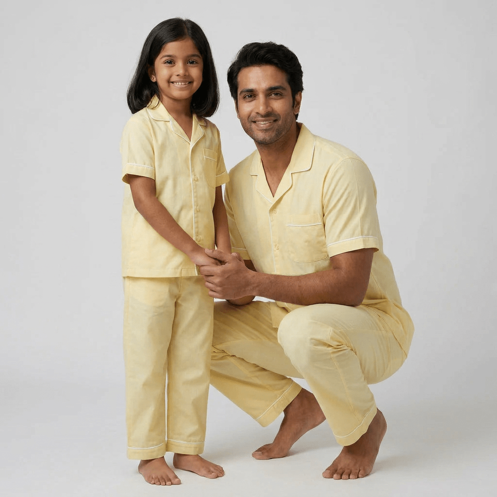 Father and daughter twinning in Warm Yellow half-sleeve night suit by Pajama Tribe