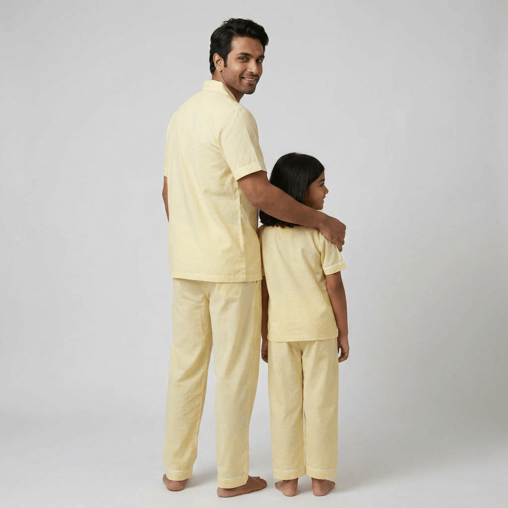 Warm Yellow matching half-sleeve night suit for dad and daughter, styled together