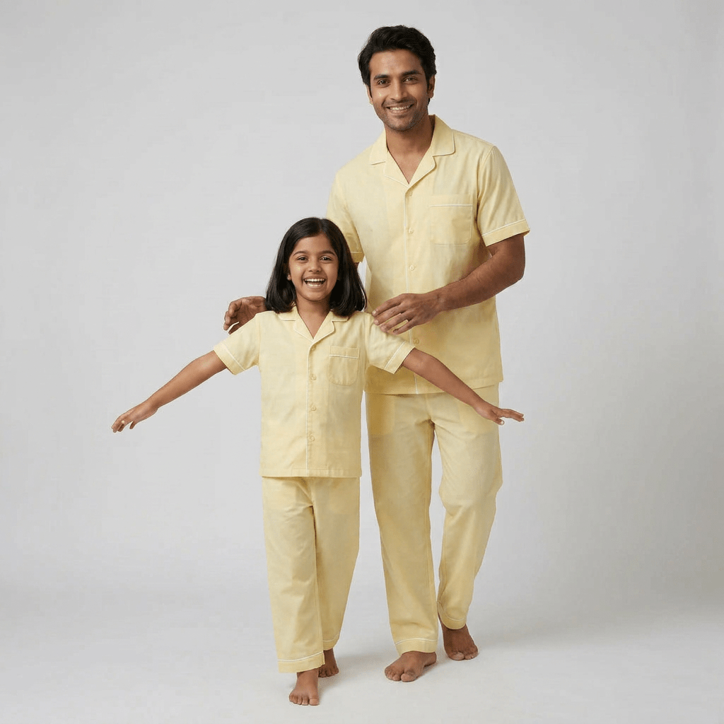 Daddy and his little girl in matching Warm Yellow half-sleeve night suit