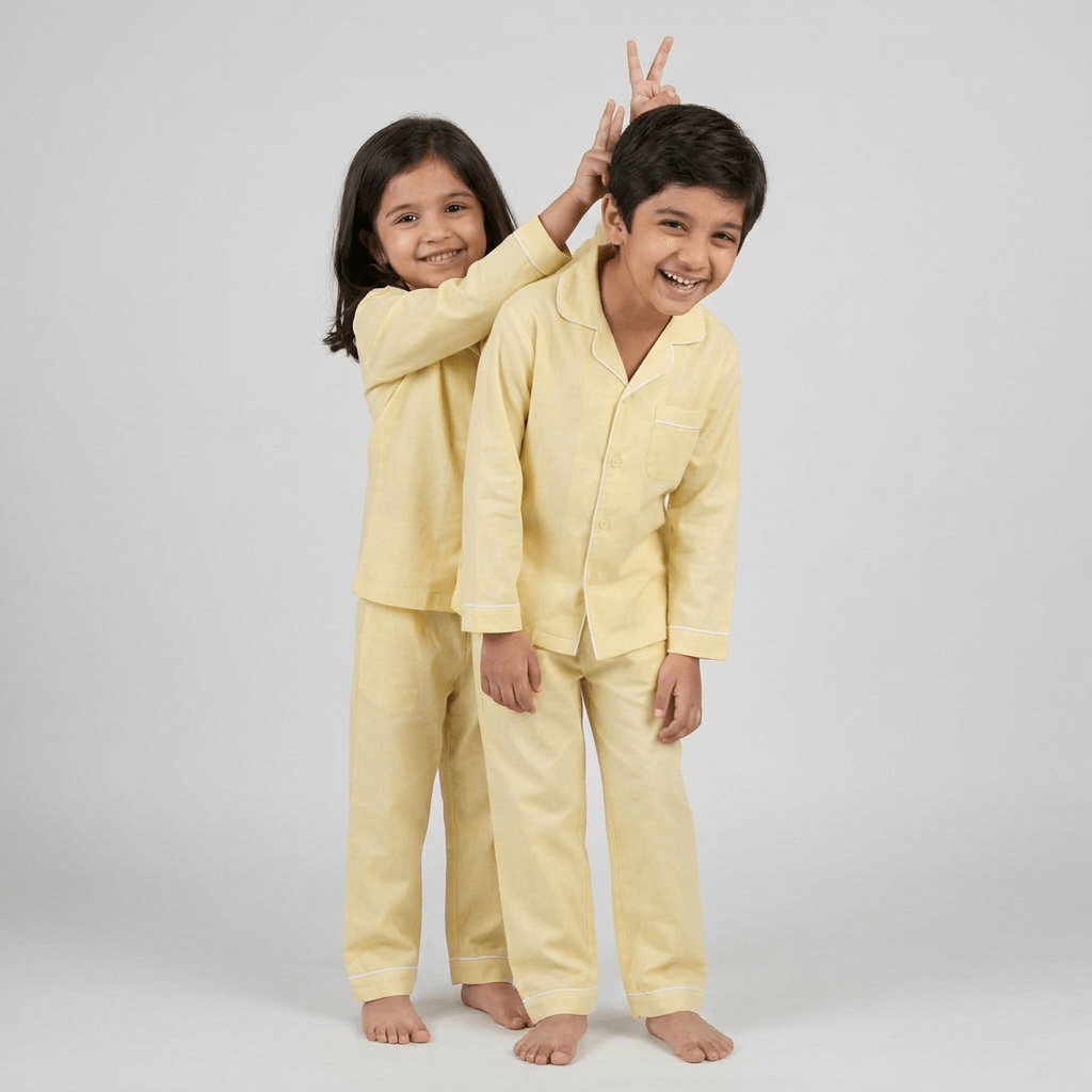 Bro and sis in matching Warm Yellow full-sleeve night suit