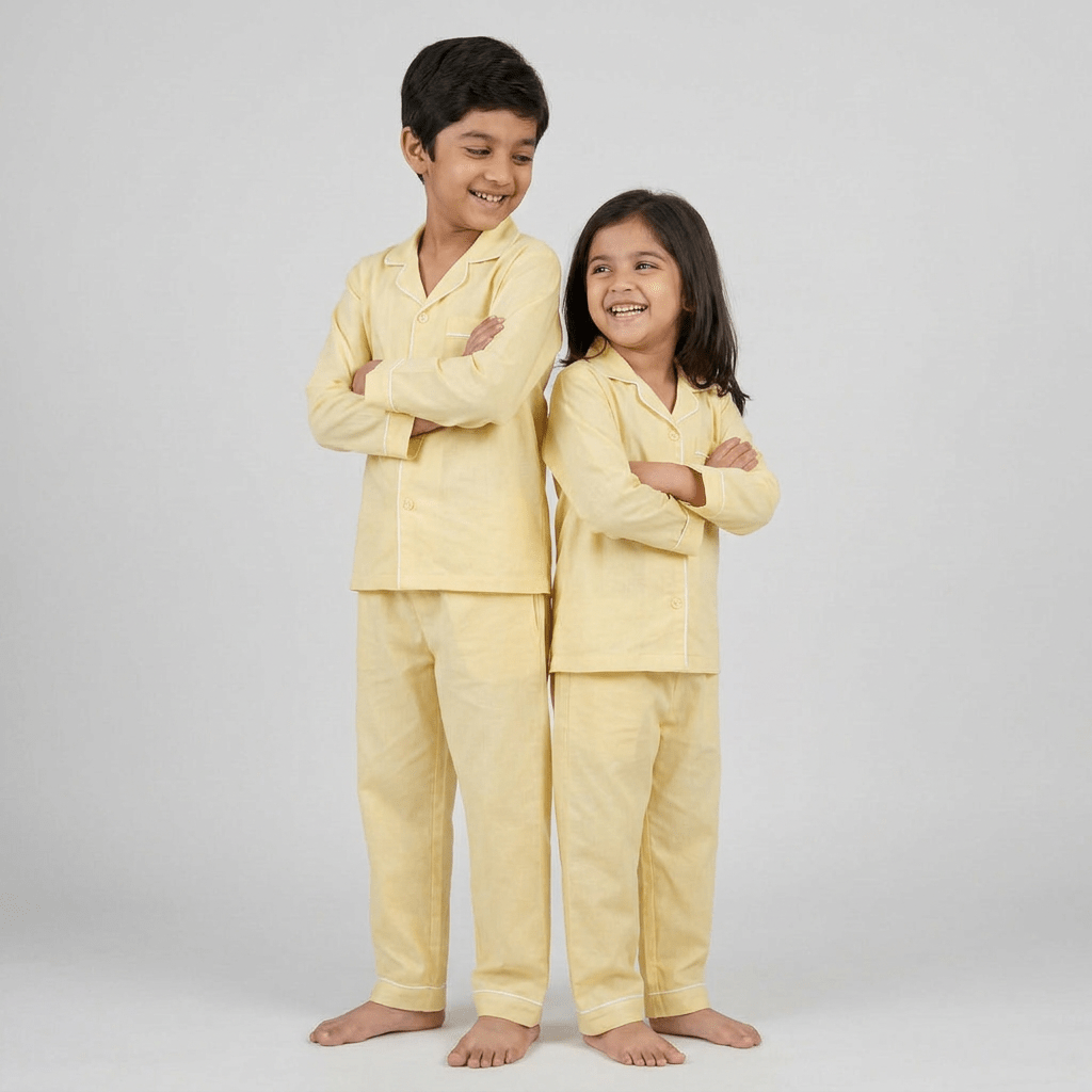 Warm Yellow bro and sis pajama set worn together