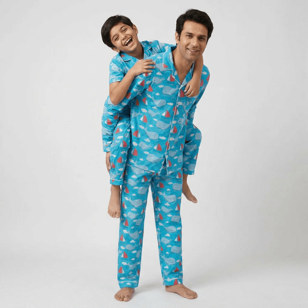 Dad and son in matching Whale Tale full-sleeve night suit