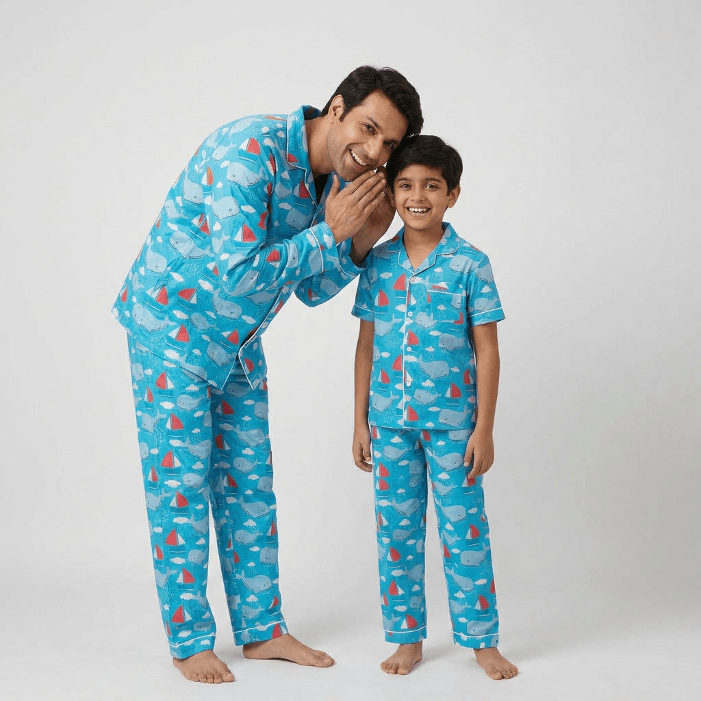 Whale Tale daddy and me pajama set worn together
