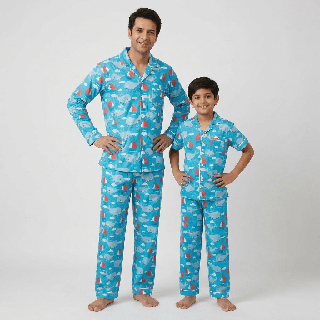 Matching Whale Tale full-sleeve night suit for papa and his boy