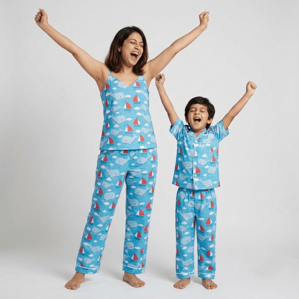 Whale Tale matching half-sleeve night suit for mumma and her little man, styled together