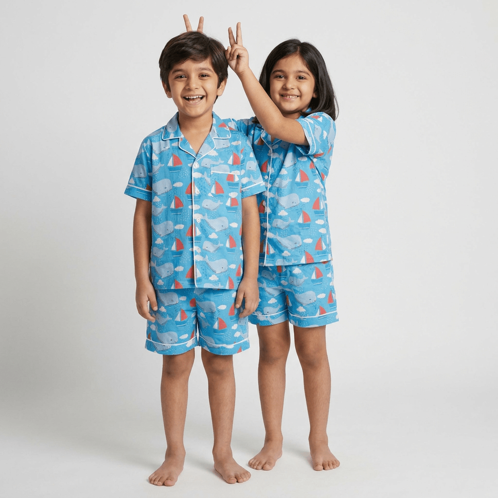 The siblings in matching Whale Tale shorts set