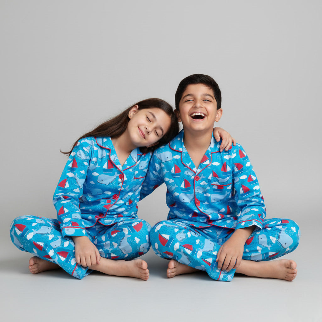 Siblings wearing whale tale matching pajama set, ocean-themed coordinated design.