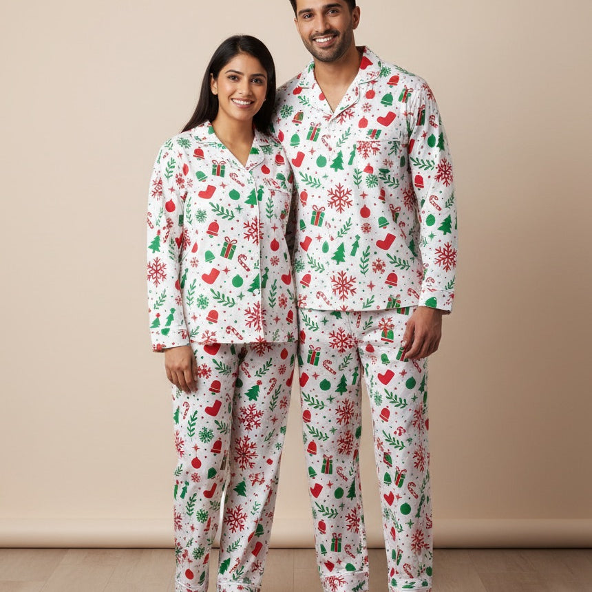 Man and woman wearing matching Christmas-themed pajamas against a beige background