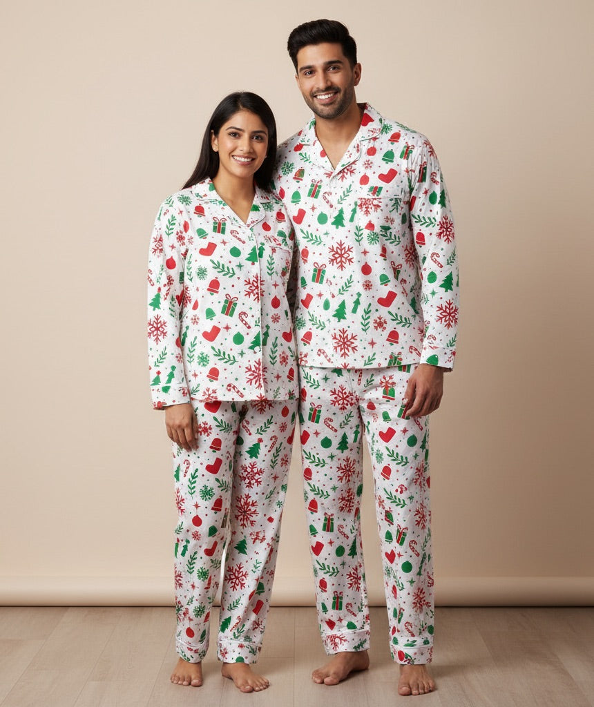 Man and woman wearing matching Christmas-themed pajamas against a beige background