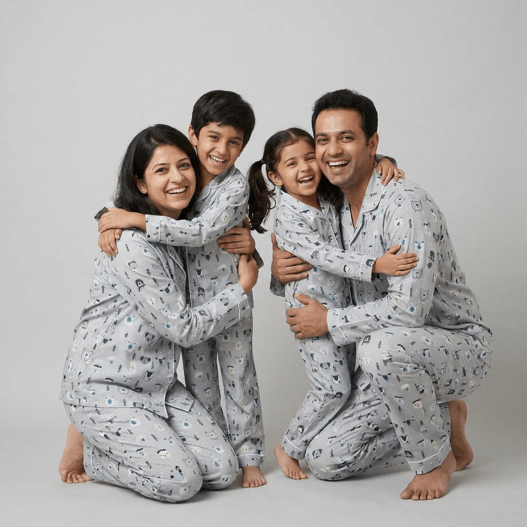 Matching White Fox full-sleeve night suit for parents and kids