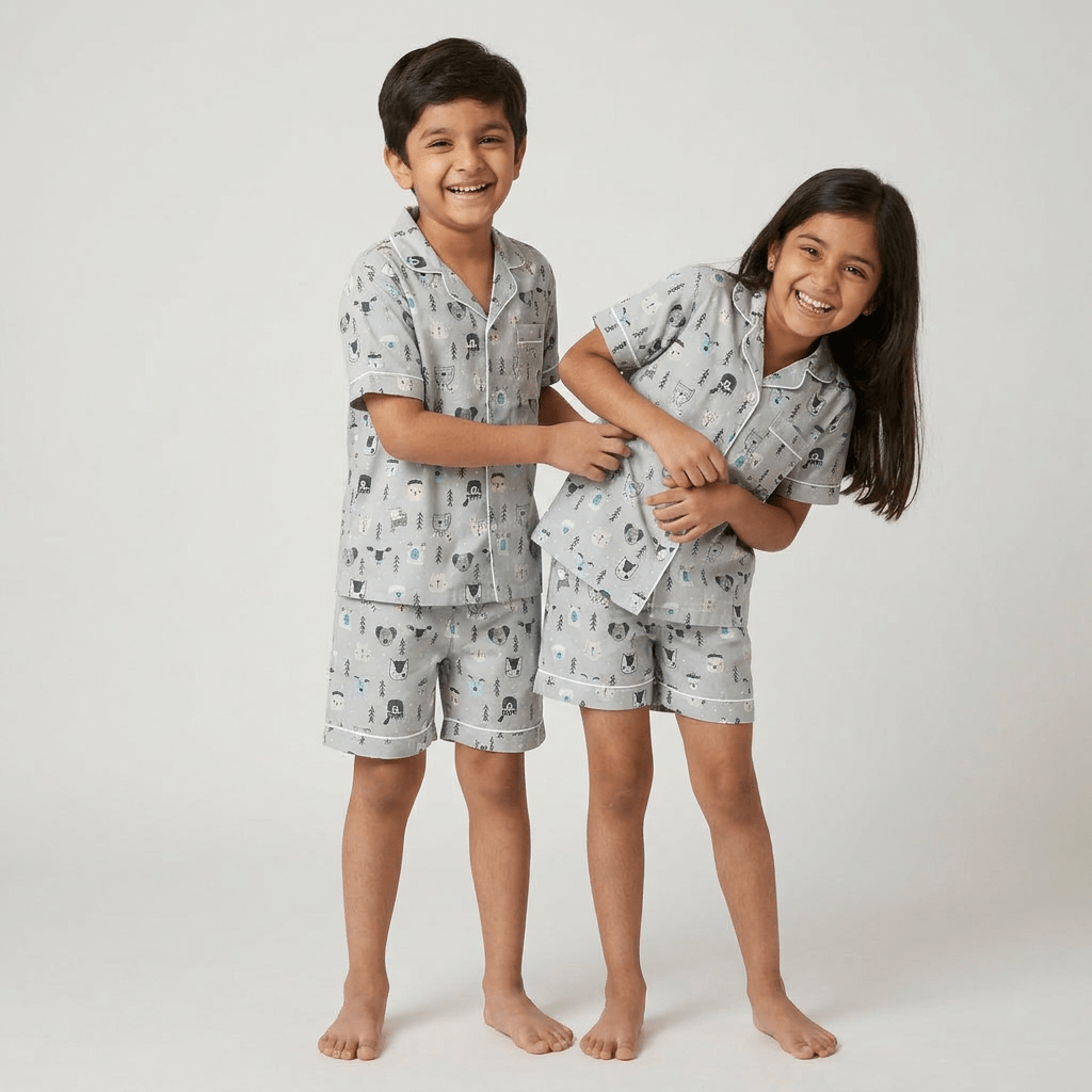 The siblings in matching White Fox half-sleeve night suit