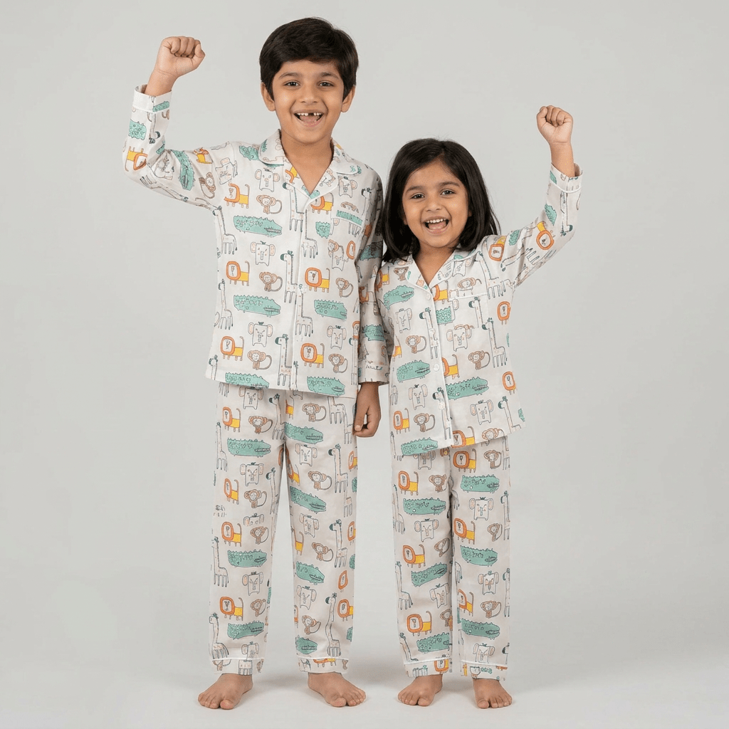 Wild Animals matching full-sleeve night suit for big sib and little sib, styled together