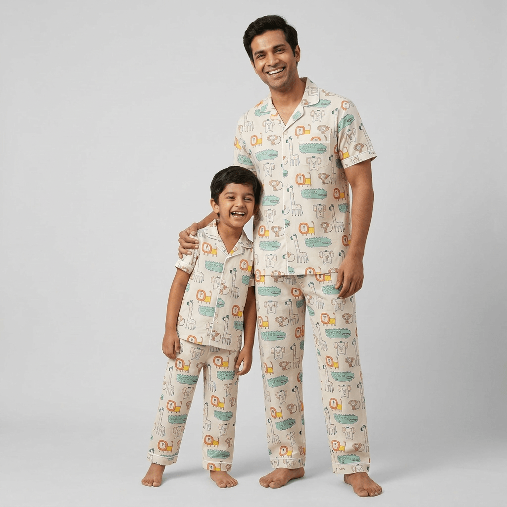 Papa and his boy twinning in Wild Animals half-sleeve night suit by Pajama Tribe