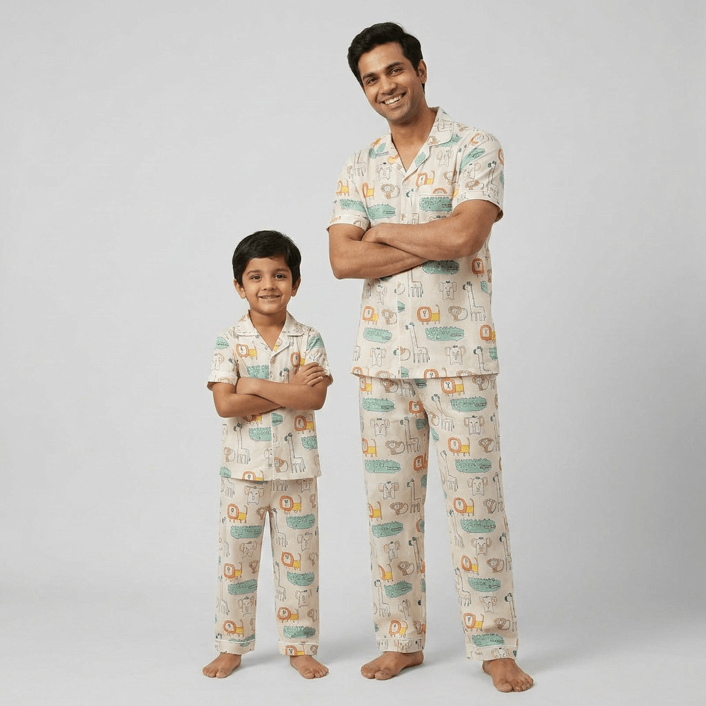 Wild Animals matching half-sleeve night suit for father and son, styled together