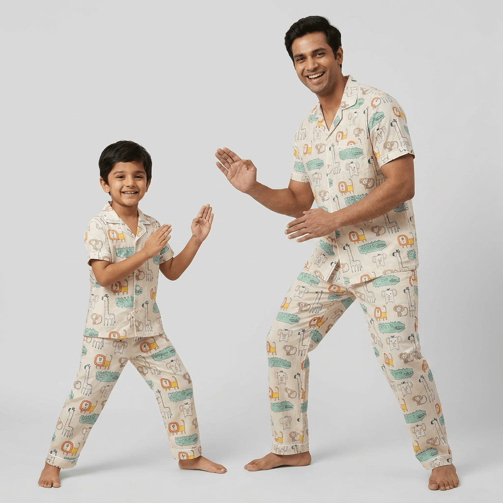 Papa and his boy in matching Wild Animals half-sleeve night suit