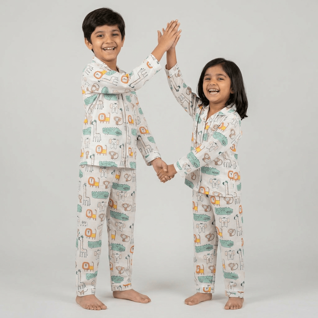 The siblings in matching Wild Animals full-sleeve night suit