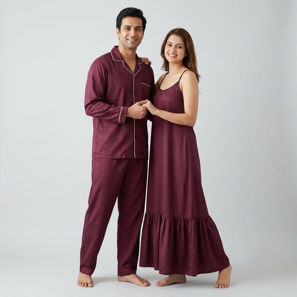 Him and her in matching Wine Berry Satin night suit