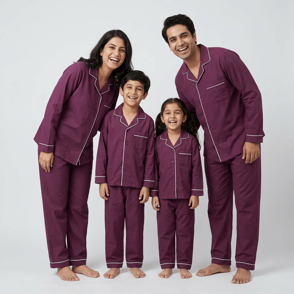 Plum Wine matching full-sleeve night suit for mumma, papa and the little ones, styled together