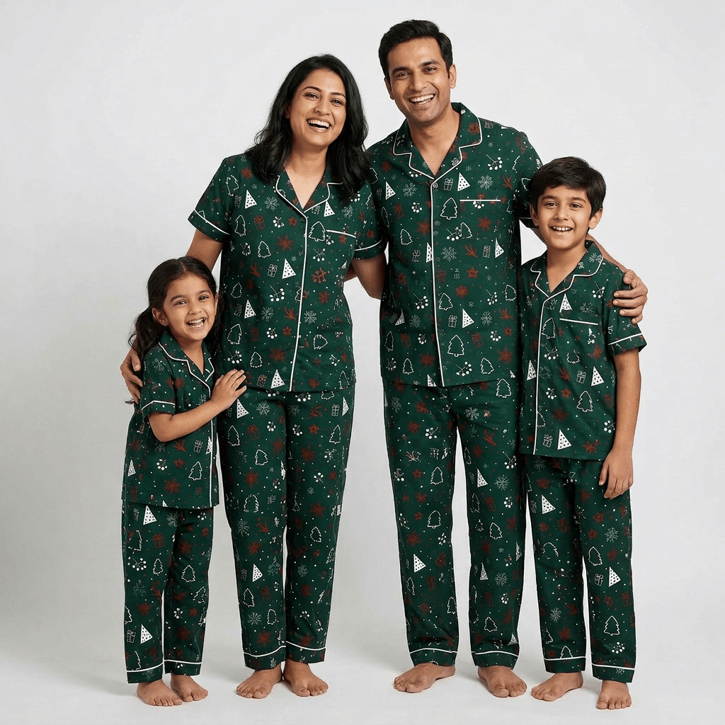 Winter Wonderland matching half-sleeve night suit for mom, dad and the kids, styled together