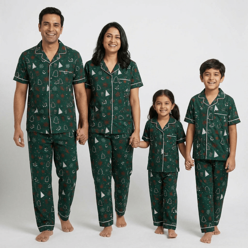 Winter Wonderland matching family pajamas worn together