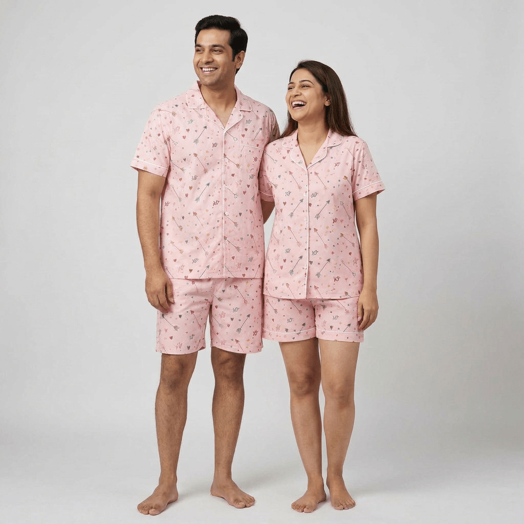 Him and her in matching XO Arrow Love night suit