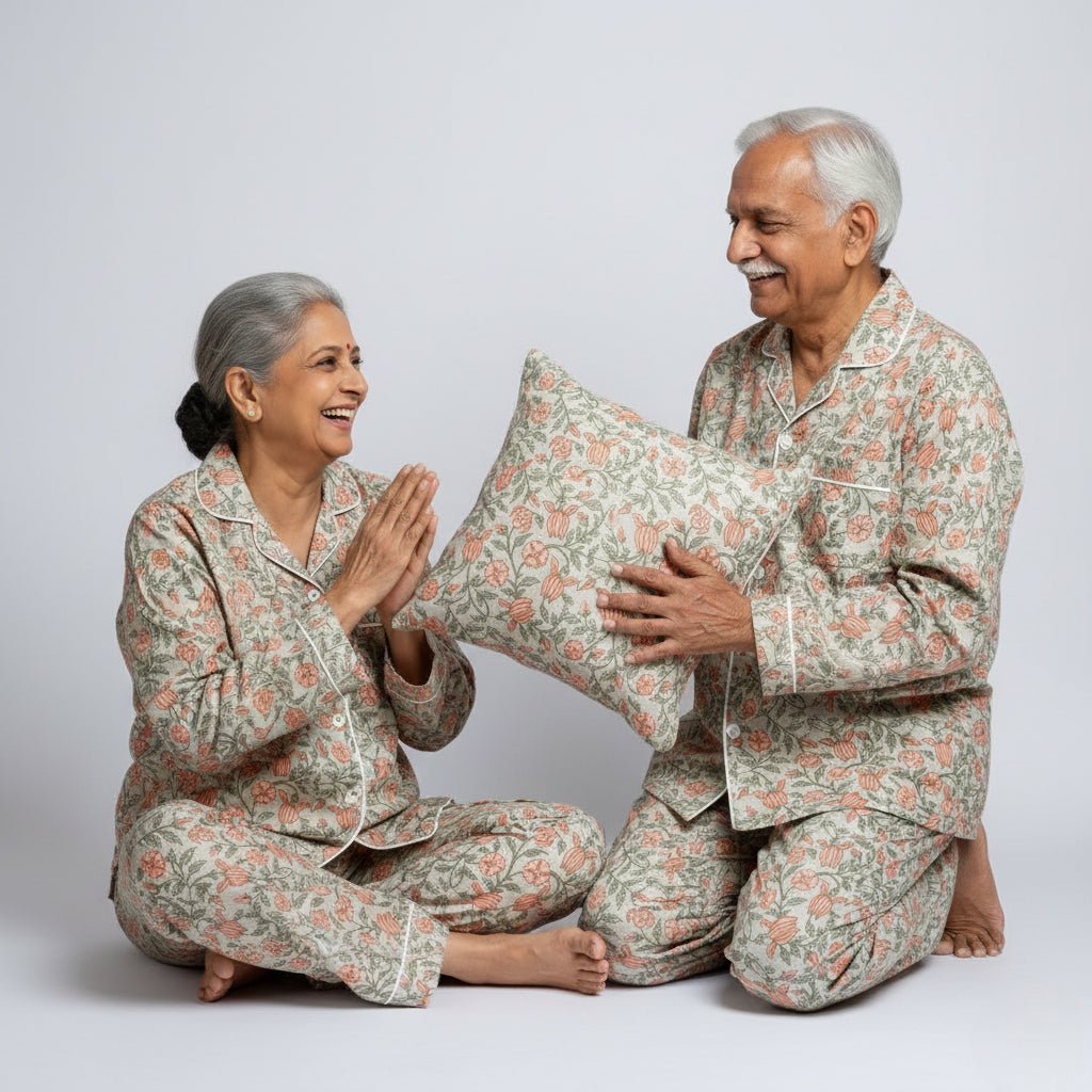 Elderly couple wearing yellow blossom matching pajama set, soft floral coordinated nightwear.
