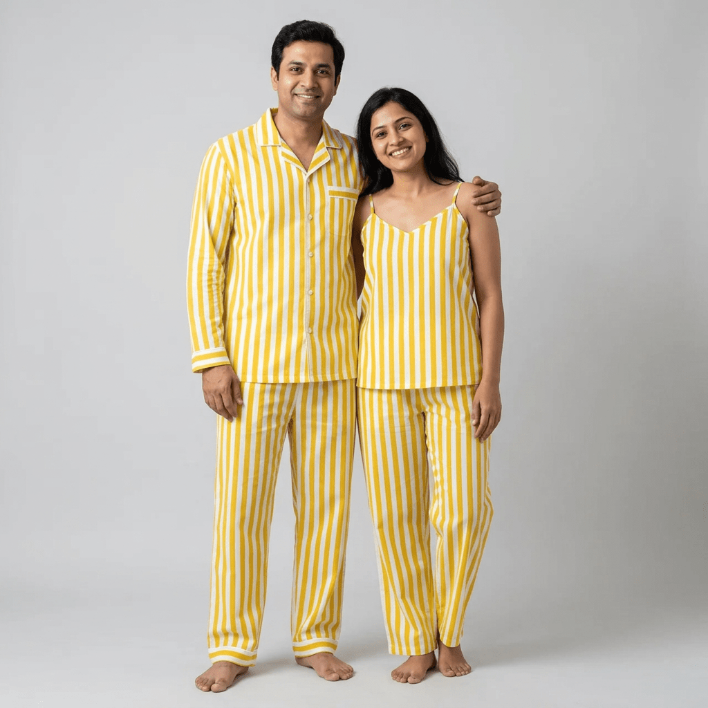 You and your partner in matching Yellow Bold Stripes night suit