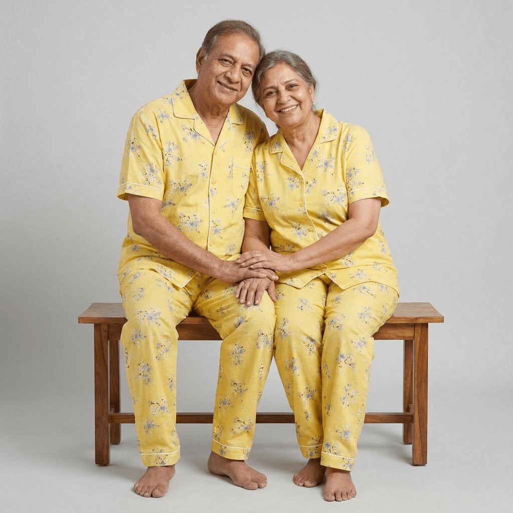 Yellow Floral grandparents matching night suit worn together