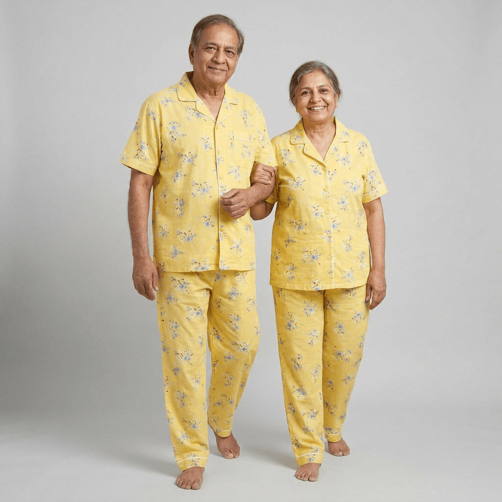 Your parents twinning in Yellow Floral half-sleeve night suit by Pajama Tribe
